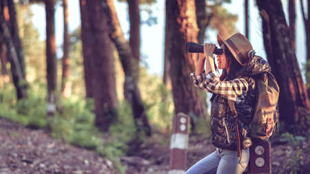 Hiker woman attractive traveler adventure wilderness.の写真素材