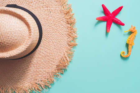 beach summer travel flat lay sun glasses and woman hat  ,Top view tourist traveler or vacation concept.の写真素材