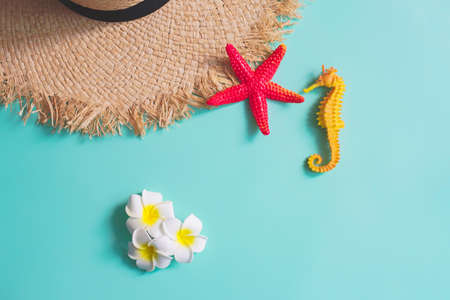 beach summer travel flat lay sun glasses and woman hat  ,Top view tourist traveler or vacation concept.の写真素材