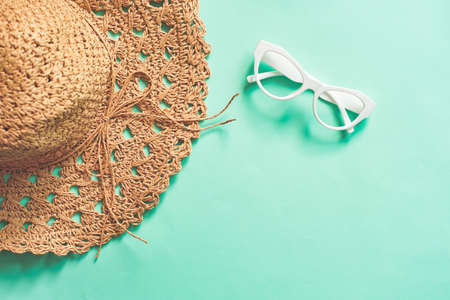 beach summer travel flat lay sun glasses and woman hat  ,Top view tourist traveler or vacation concept.の写真素材