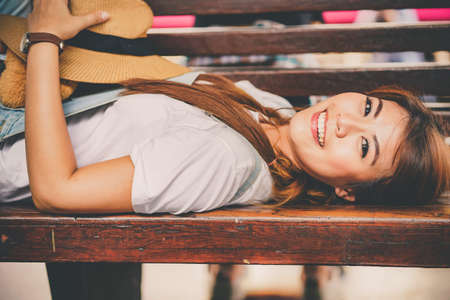 asian woman traveler tourists travel city street, journey backpack adventure outdoor by train.の写真素材