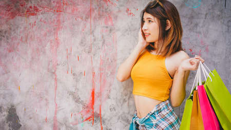 asian woman traveler tourists travel city street, journey backpack adventure outdoor by train.の写真素材