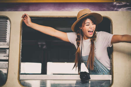 asian woman traveler tourists travel city street, journey backpack adventure outdoor by train.の写真素材