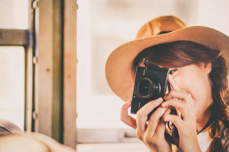 asian woman traveler tourists travel city street, journey backpack adventure outdoor by train.の写真素材