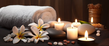 Spa still life with candles, towel and flowers on wooden backgroundの素材