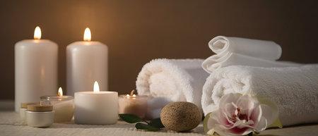Spa still life with towels, candles and orchid on wooden backgroundの素材