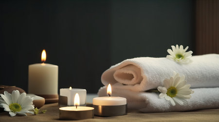 Spa still life with candles, towels and flowers on wooden backgroundの素材