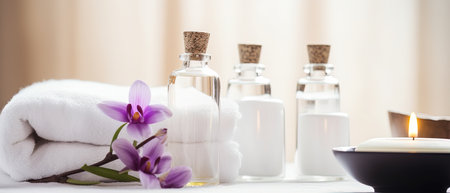 Spa still life with orchid flower, candles and towels on tableの素材