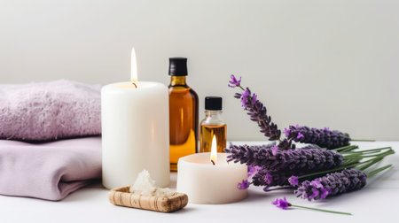 Spa still life with lavender essential oil and candles on white backgroundの素材
