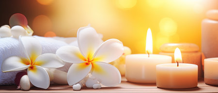 Spa and wellness setting with candles and frangipani flowersの素材