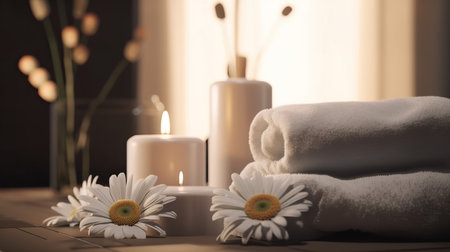 Spa setting with towels, candles and daisies on tableの素材