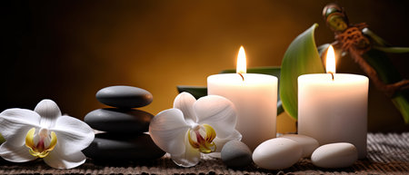 Spa still life with white orchid, candles and zen stonesの素材