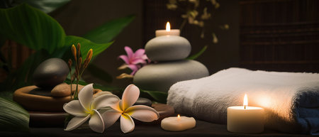 Spa still life with candles, stones and frangipani flowersの素材