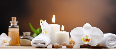 Spa still life with orchids and candles on wooden backgroundの素材