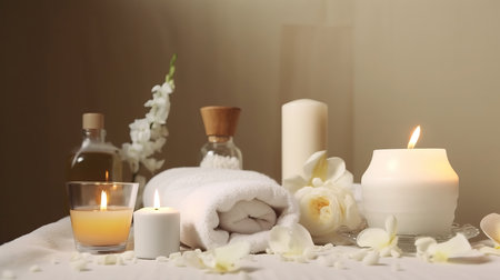 Spa still life with candles, towel and flowers on wooden tableの素材