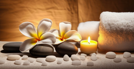 Spa still life with frangipani flowers and candles.の素材