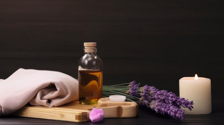 Spa still life with lavender oil, towel and candle on black wooden backgroundの素材