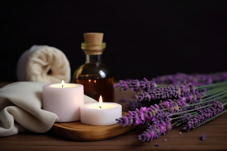 Spa still life with lavender flowers and candles on wooden backgroundの素材