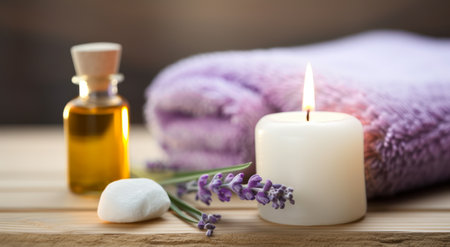 Spa composition with lavender, candle and towel on wooden backgroundの素材