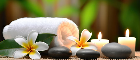 Spa massage stones and frangipani flowers on bamboo backgroundの素材
