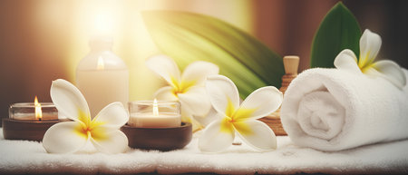 Spa massage setting with frangipani flowers, candles and towelsの素材