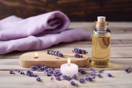 Spa still life with lavender essential oil and candles on wooden backgroundの素材