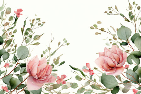 Watercolor Floral Frame ,Romantic Pink Rose Border for Weddings and Stationery , greetings, wallpapers, fashion, background. Eucalyptus, olive, green leavesの素材