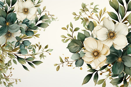 Elegant watercolor border with green leaves and pastel flowers, perfect for wedding and stationery designs.の素材