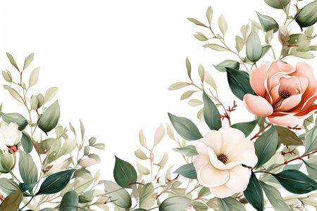 Watercolor Floral Frame ,Romantic Pink Rose Border for Weddings and Stationery , greetings, wallpapers, fashion, background. Eucalyptus, olive, green leavesの素材