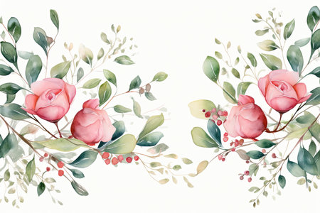 Watercolor Floral Frame ,Romantic Pink Rose Border for Weddings and Stationery , greetings, wallpapers, fashion, background. Eucalyptus, olive, green leavesの素材