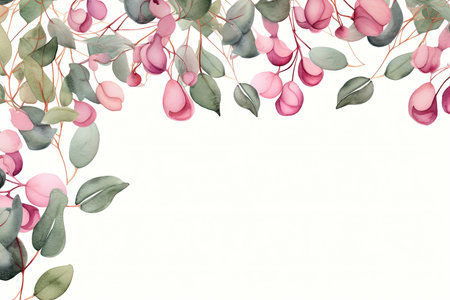 Watercolor Floral Frame ,Romantic Pink Rose Border for Weddings and Stationery , greetings, wallpapers, fashion, background. Eucalyptus, olive, green leavesの素材