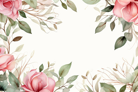 Watercolor Floral Frame ,Romantic Pink Rose Border for Weddings and Stationery , greetings, wallpapers, fashion, background. Eucalyptus, olive, green leavesの素材