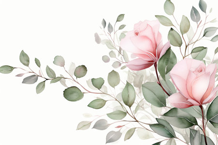 Watercolor Floral Frame ,Romantic Pink Rose Border for Weddings and Stationery , greetings, wallpapers, fashion, background. Eucalyptus, olive, green leavesの素材