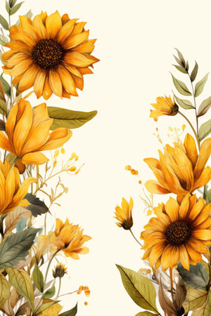 Watercolor Sunflower leaves and branches frame with a whimsical, hand - drawn border featuring subtle floral motifs.の素材