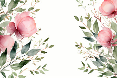 Watercolor Floral Frame ,Romantic Pink Rose Border for Weddings and Stationery , greetings, wallpapers, fashion, background. Eucalyptus, olive, green leavesの素材