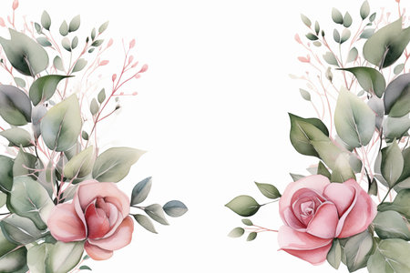 Watercolor Floral Frame ,Romantic Pink Rose Border for Weddings and Stationery , greetings, wallpapers, fashion, background. Eucalyptus, olive, green leavesの素材