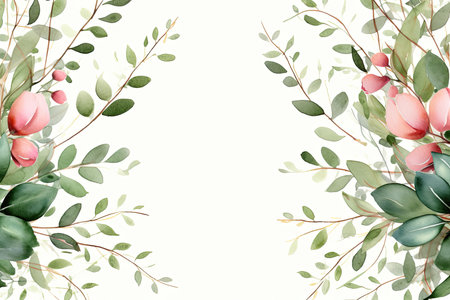 Watercolor Floral Frame ,Romantic Pink Rose Border for Weddings and Stationery , greetings, wallpapers, fashion, background. Eucalyptus, olive, green leavesの素材