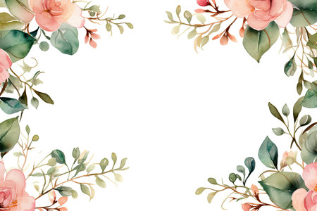 Watercolor Floral Frame ,Romantic Pink Rose Border for Weddings and Stationery , greetings, wallpapers, fashion, background. Eucalyptus, olive, green leavesの素材