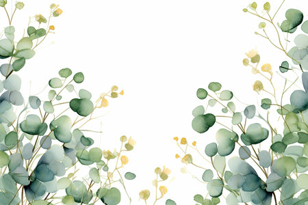Watercolor Eucalyptus leaves and branche frame, for wedding stationary, greetings, wallpapers, fashion, background. Eucalyptus, olive, green leavesの素材