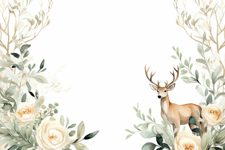 Watercolor floral frame/ border with white rose leaves and branches, for wedding stationary, greetings, wallpapers, fashion, background. Eucalyptus, olive, green leavesの素材