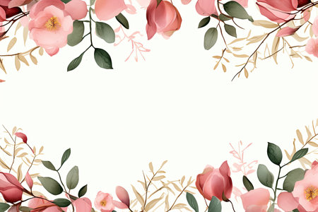 Watercolor Floral Frame ,Romantic Pink Rose Border for Weddings and Stationery , greetings, wallpapers, fashion, background. Eucalyptus, olive, green leavesの素材
