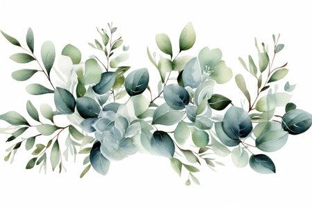 Watercolor Eucalyptus leaves and branche frame, for wedding stationary, greetings, wallpapers, fashion, background. Eucalyptus, olive, green leavesの素材