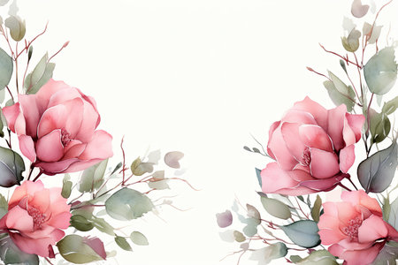 Watercolor Floral Frame ,Romantic Pink Rose Border for Weddings and Stationery , greetings, wallpapers, fashion, background. Eucalyptus, olive, green leavesの素材