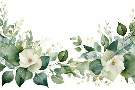 Watercolor floral frame/ border with white rose leaves and branches, for wedding stationary, greetings, wallpapers, fashion, background. Eucalyptus, olive, green leavesの素材