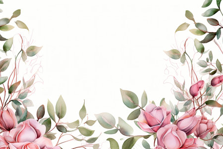 Watercolor Floral Frame ,Romantic Pink Rose Border for Weddings and Stationery , greetings, wallpapers, fashion, background. Eucalyptus, olive, green leavesの素材
