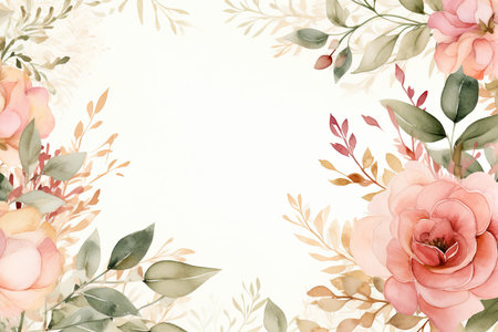 Watercolor Floral Frame ,Romantic Pink Rose Border for Weddings and Stationery , greetings, wallpapers, fashion, background. Eucalyptus, olive, green leavesの素材