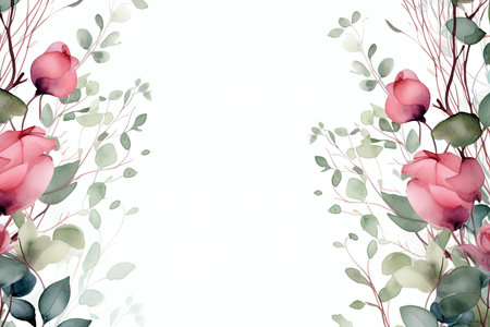 Watercolor Floral Frame ,Romantic Pink Rose Border for Weddings and Stationery , greetings, wallpapers, fashion, background. Eucalyptus, olive, green leavesの素材