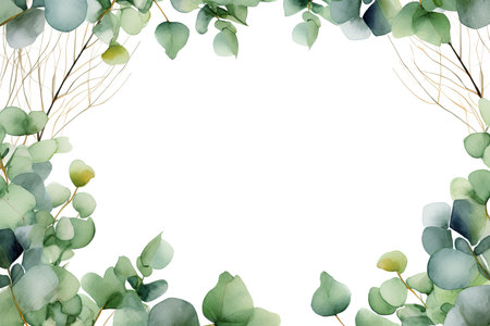 Watercolor Eucalyptus leaves and branche frame, for wedding stationary, greetings, wallpapers, fashion, background. Eucalyptus, olive, green leavesの素材