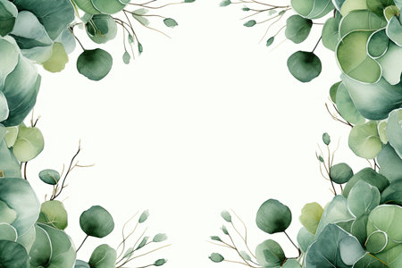 Watercolor Eucalyptus leaves and branche frame, for wedding stationary, greetings, wallpapers, fashion, background. Eucalyptus, olive, green leavesの素材