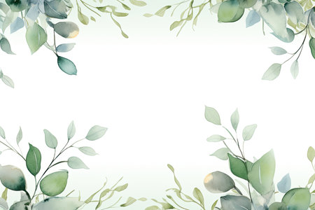Watercolor Eucalyptus leaves and branche frame, for wedding stationary, greetings, wallpapers, fashion, background. Eucalyptus, olive, green leavesの素材